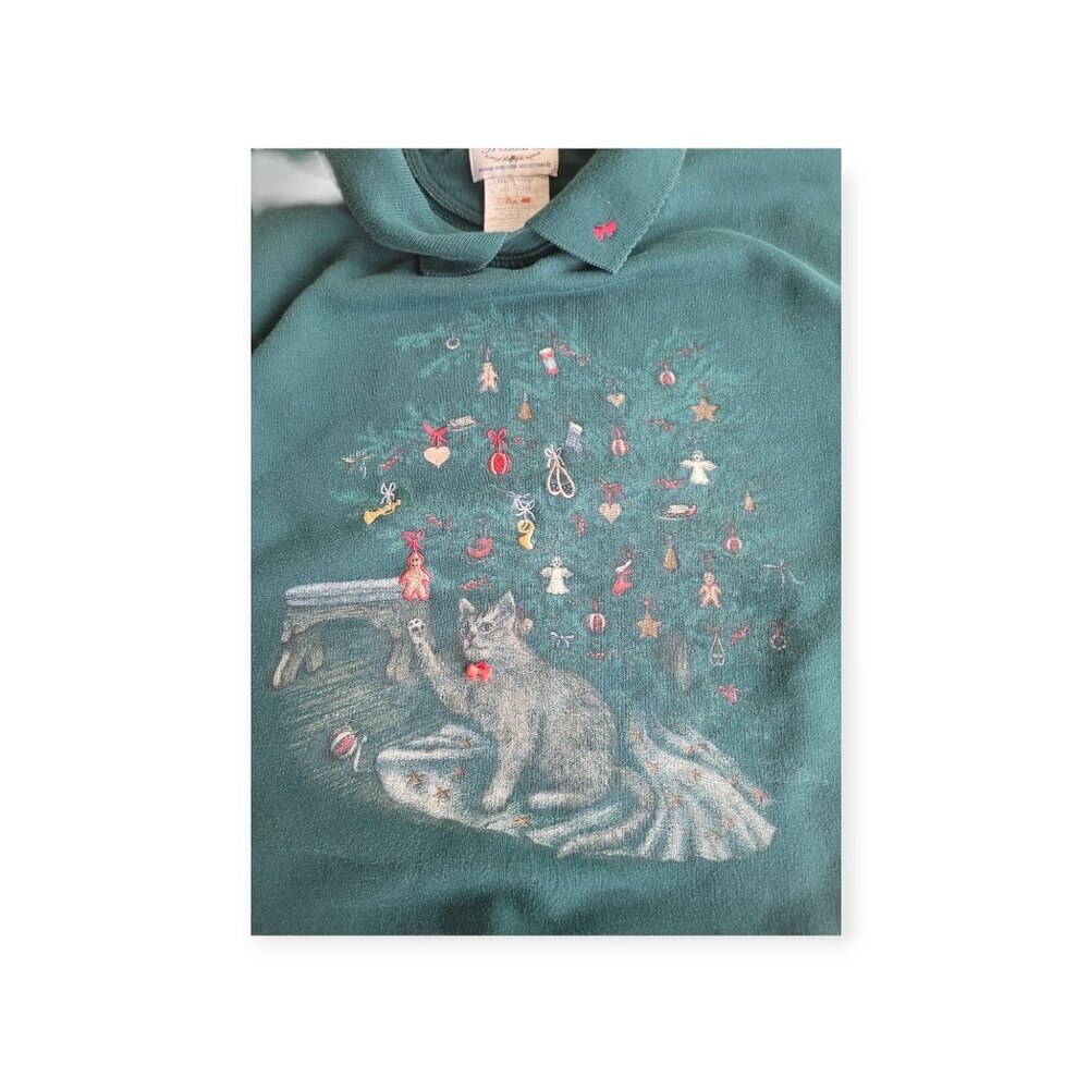Vintage Northern Treasures Green Cat Graphic Collared Sweatshirt size S small - Picture 6 of 11